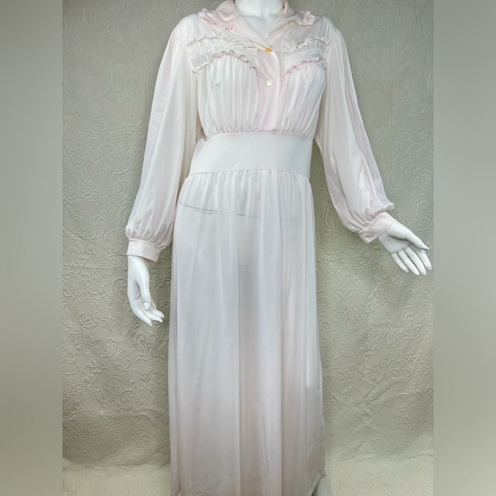 Vintage Nylon Long Sleeve Pink Long Nightgown - Picture 2 of 16